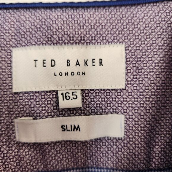 Ted Baker London Shirt Mens 16.5 Slim Blue Houndstooth Button Up L/S Flip Cuff - Picture 4 of 12